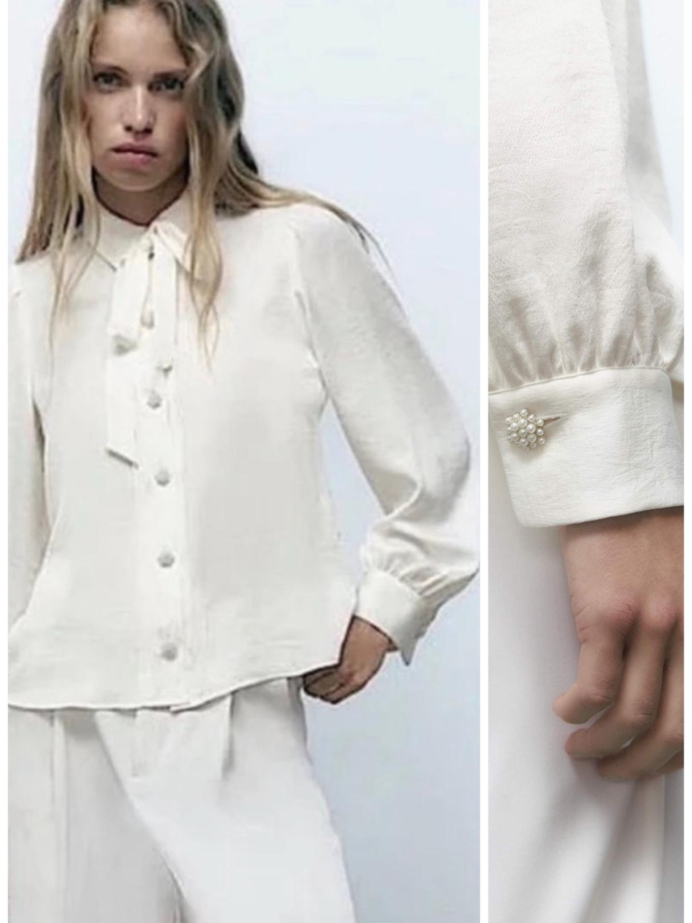 Zara Pearl Button Satin Effect Tie Neck Blouse in Cream Size S EUC Evening Glam